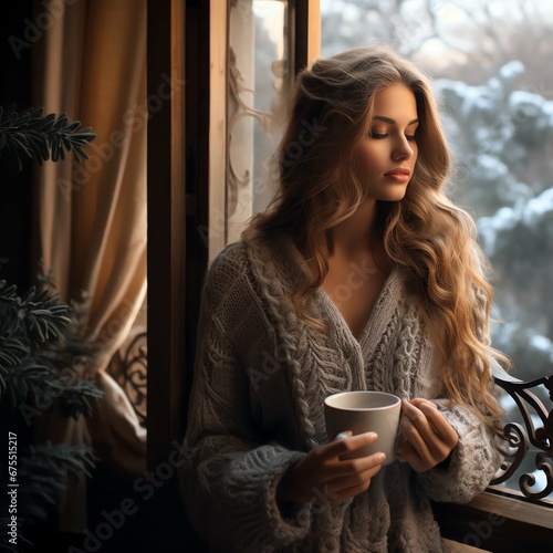 woman drinking coffee in cafe, women in a knitted sweater on the window age with winter scene outside
