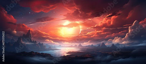 The stunning background of the sky in this isolated art illustration is brought to life with vibrant light creating a celestial space where the sun globe stars Earth moon and sunset coexist 