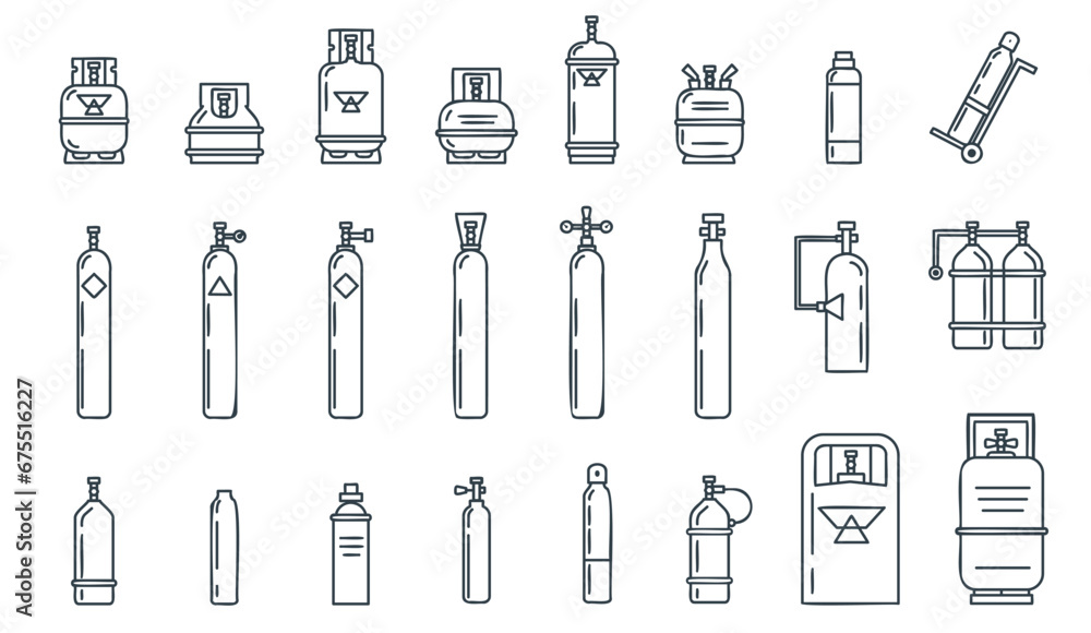 Gas cylinder line icons. Oxygen cylinders, petroleum storages outline symbols. Canisters and containers, metal industrial bottles decent vector set Gas cylinder line icons. Oxygen cylinders, petroleum storages outline symbols. Canisters and containers, metal industrial bottles decent vector set
