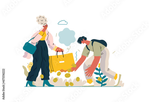 Mutual Support: Pick up fallen item -modern flat vector concept illustration of man collecting fruits that fell from woman's bag A metaphor of voluntary, collaborative exchanges of resource, services