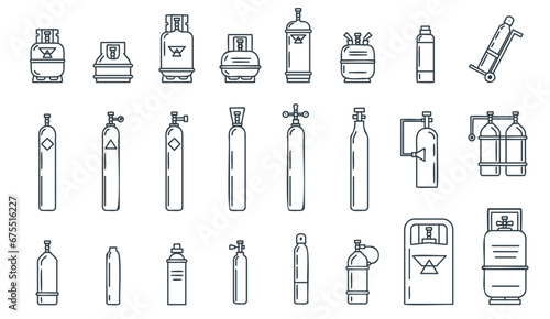 Gas cylinder line icons. Oxygen cylinders, petroleum storages outline symbols. Canisters and containers, metal industrial bottles decent vector set