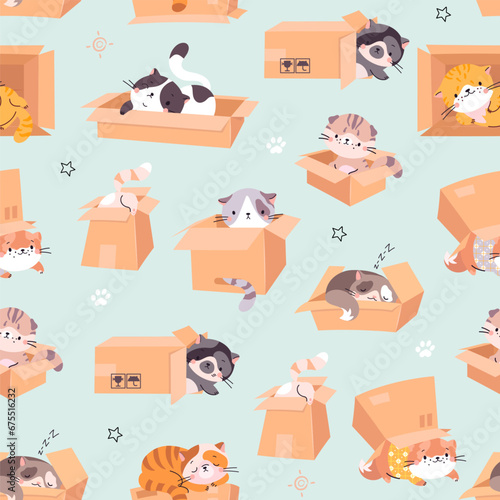 Cardboards boxes with cats seamless pattern. Kittens playing, resting and transportation in box. Cartoon funny pets nowaday vector background