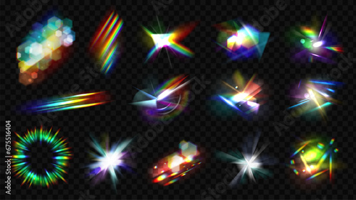 Iridescent flare, glowing sparkles, prism effect. Optical spectrum light, gemstone, diamond or rainbow reflection. Pithy vector bright rays set photo