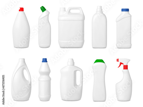Realistic cleaning products plastic packaging mockups. Chemical detergents white 3d bottles, dish wash and spray. Home cleaner detergents pithy vector set
