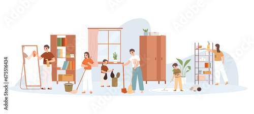 Teens cleaning home together. Family seasonal cleaning, brother and sister doing homework, vacuuming and sweeps. Snugly cartoon vector characters