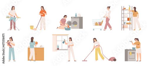 Cute housewives character. Young woman cleaning house, girl doing housework. Isolated cartoon housekeeper and nanny, cooking and clean snugly vector set
