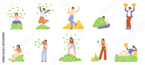 People with money. Teenagers and young adults successful business characters. Male female sitting, hugging coins and banknotes, snugly banking vector scenes © MicroOne