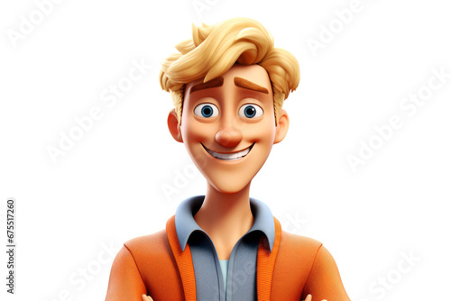 Happy smiling cartoon character man with blond hair wearing orange sweater and blue shirt standing confident on white background. Successful people male person concept