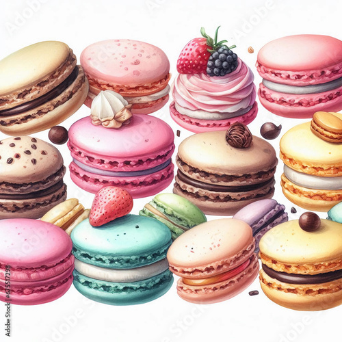 Watercolor assorted macaroons, macarons mix clip art, dessert illustration, isolated on white background. Generative AI.