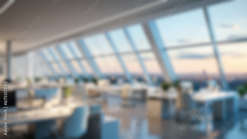 A glass office building blurred interior illuminated by a city sunset