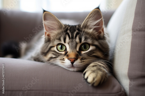Cute tabby cat with striking green eyes rests on a beige sofa and looking into the camera. Sweet animal concept