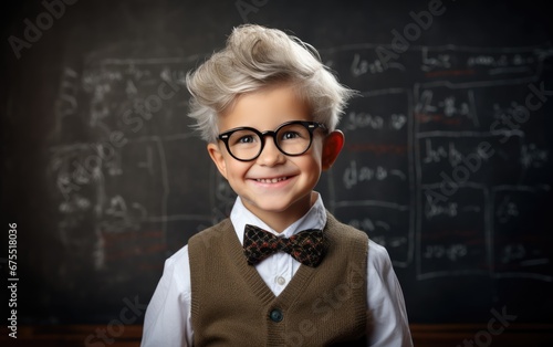 Portrait of little boy dressed as senior teacher in front of blackboard