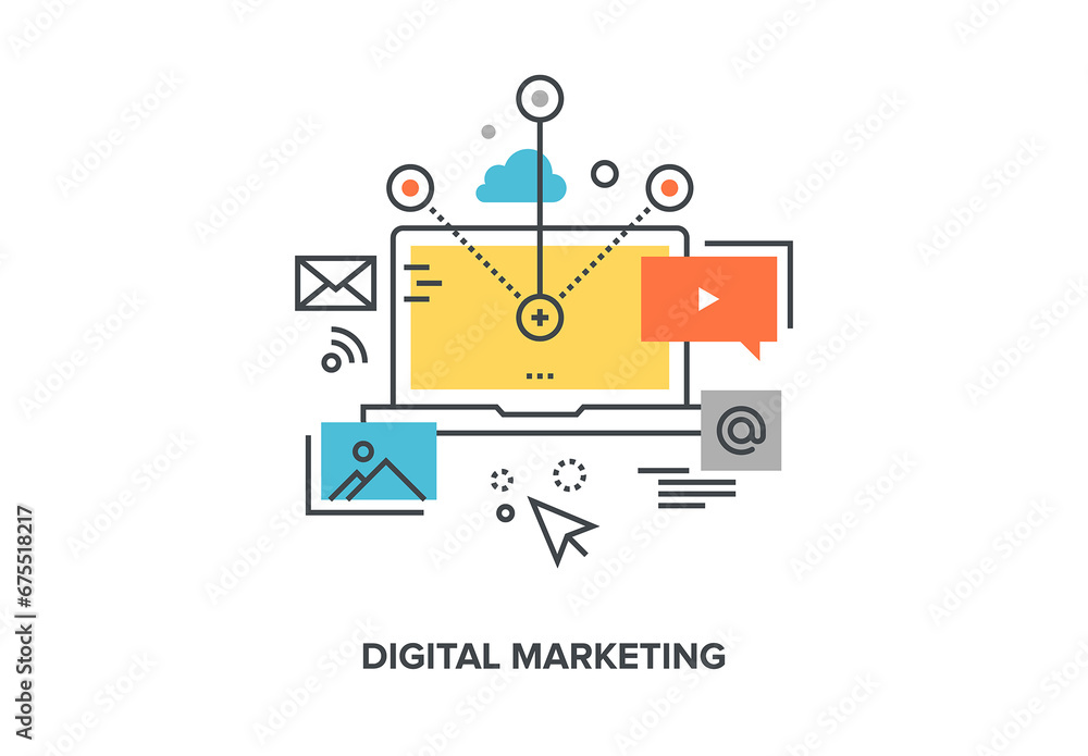 Vector illustration of digital marketing flat line design concept ...