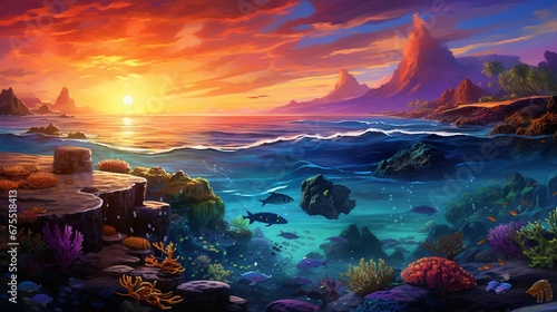 A coral reef bustling with marine life  blended into a vibrant sunset over the ocean.