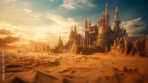 A crumbling sandcastle with its form blending into an ancient desert city. © Ai Studio