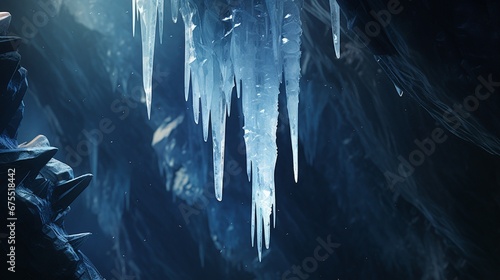 A crystal clear icicle with its tip merging into the stalactites of a cavern. © Ai Studio