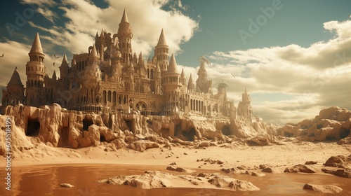 A crumbling sandcastle with its form blending into an ancient desert city.
