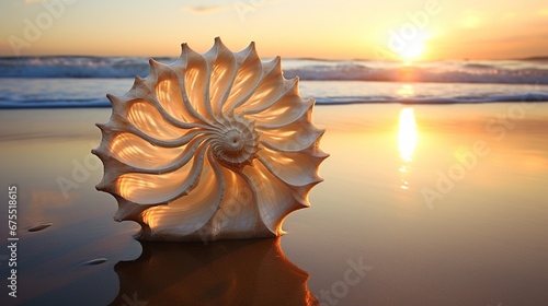 A delicate seashell with its spirals turning into waves crashing on a beach at dawn.