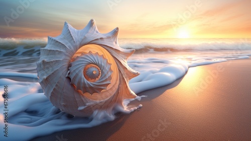 A delicate seashell with its spirals turning into waves crashing on a beach at dawn. photo