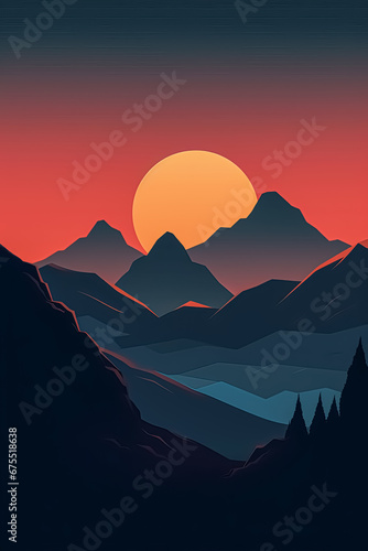 Flat style abstract minimalistic aesthetic mountains landscape background. Sunset color shades.