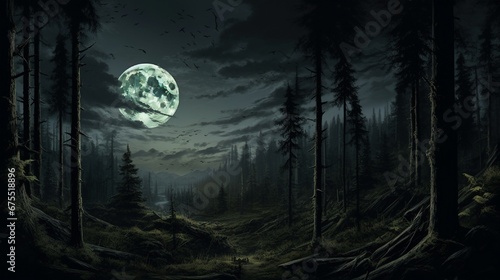 A full moon illuminating a dense forest, the light creating shadows within shadows. © Ai Studio