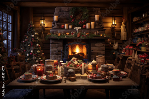 Mountain cabin, cozy Christmas: fireplace, decorated tree, holiday feasts, gatherings