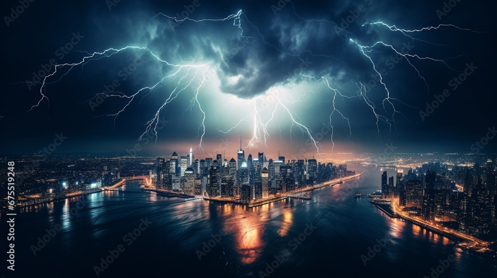A lightning bolt illuminating a dark sky, superimposed with a city during a blackout.