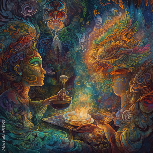 Ayahuasca experience, spiritual psychedelic hallucinations surreal illustration.