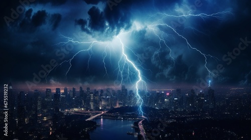 A lightning bolt illuminating a dark sky, superimposed with a city during a blackout.