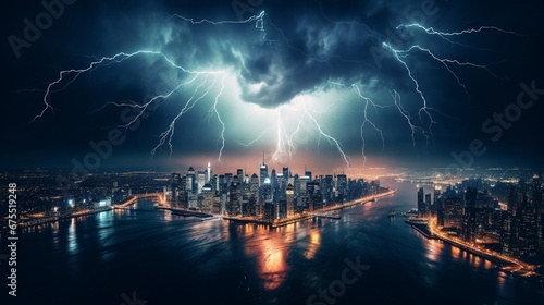 A lightning bolt illuminating a dark sky  superimposed with a city during a blackout.
