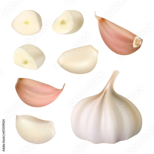 Garlic. Peeled cloves garlic slices decent vector realistic template set