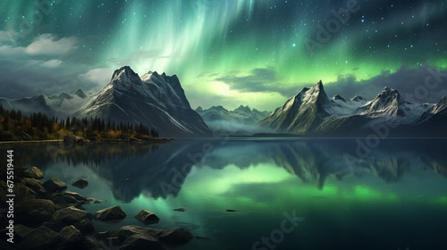 A mountain range with the aurora borealis reflected over a serene lake. © Ai Studio
