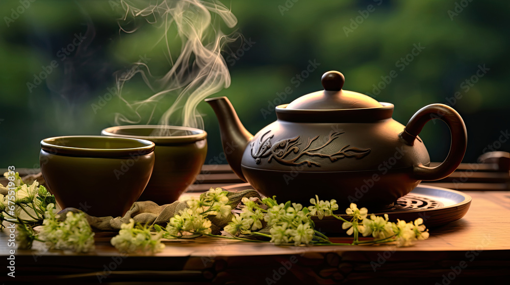 Green Chinese tea in traditional earthenware. Green Chinese tea in traditional earthenware.