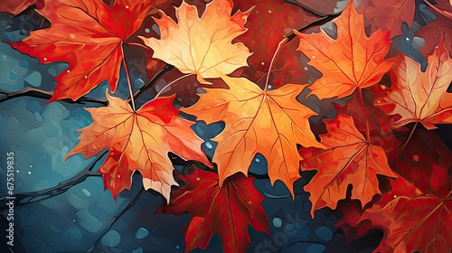  a painting of autumn leaves with drops of water on the leaves and on the ground  on a blue background.  generative ai