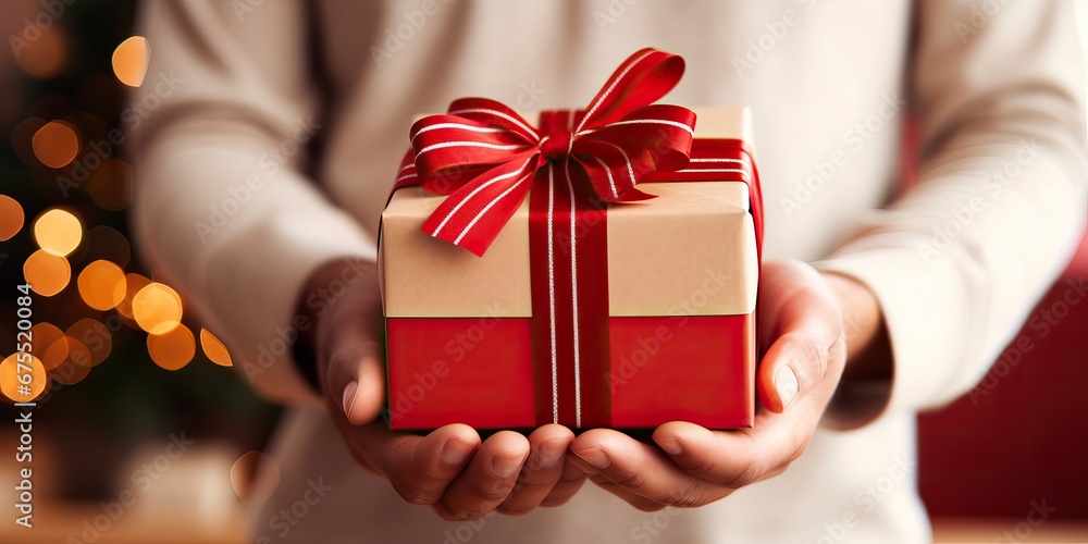 Woman hands holding a luxury gold red gift box with bow against a festive background, Xmas and New Year postcard design. Black Friday sales, Birthday celebration party concept Woman hands holding a luxury gold red gift box with bow against a festive background, Xmas and New Year postcard design. Black Friday sales, Birthday celebration party concept