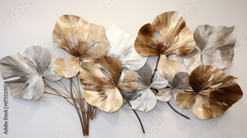  a group of metal flowers sitting on top of a white wall next to a couple of brown and white flowers.  generative ai © Anna