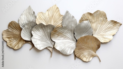  a group of metal leaves sitting on top of a white wall next to a wall mounted wall mounted art piece. generative ai