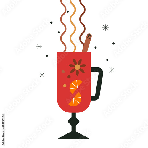 Glass of mulled wine with orange fruit, star anise and cinnamon stick on white background. Hot wine. Spicy and healthy warm winter drink. Vector illustration. Flat trendy abstract style.