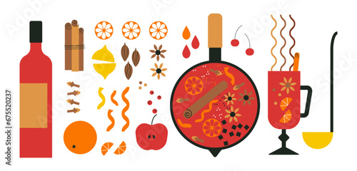 Mulled wine recipe ingredients. Pot with red wine, citrus, spices and berries. Hot glintwine drink with cinnamon, anise star and orange fruit. Saucepan. Winter homemade drink vector set. Cooking class