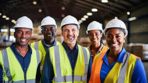 Team or group of workers in factory, engineers or architects wearing hard hats and reflective vests. 