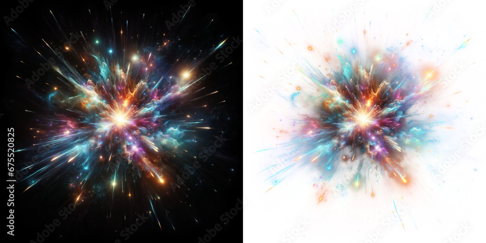A radiant cosmic nova bursts with iridescent colors against the stark black of space, stars scatter dynamically.  isolated on black and alpha transparent background - obrazy, fototapety, plakaty 