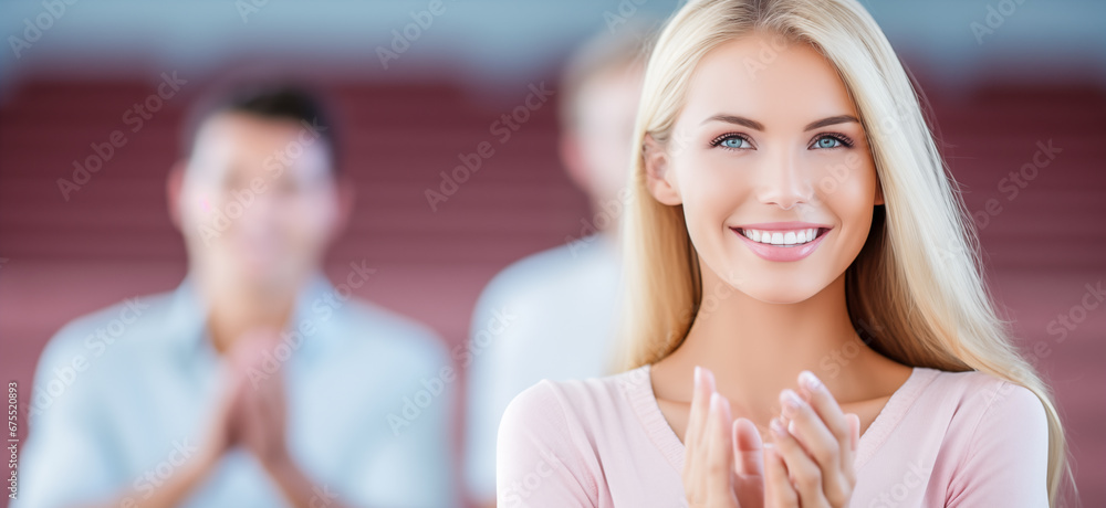 Young Woman watching a sport event and clapping. Excited sports fan applauding and celebrating her team's victory.
Young Woman watching a sport event and clapping. Excited sports fan applauding and celebrating her team's victory.