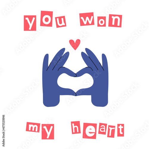 Creative concept of Happy Valentines Day post cards. Modern cute abstract art design with heart. Love wins. Celebration. February 14. You won my heart. Gesture of heart made of finders