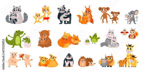 Cute mother animals. Baby hug mom, wild animals family characters. Funny cubs, isolated cartoon bear and fox, leopard and panda, classy vector clipart © LadadikArt