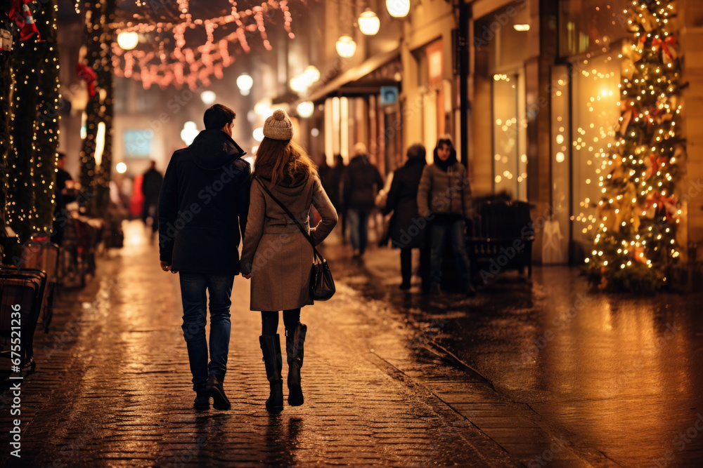 Couple walking hand in hand along the street decorated with Christmas lights. AI generative.