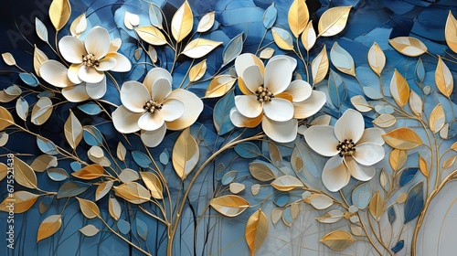  a painting of white flowers and gold leaves on a blue and white background with gold leaves on the bottom of the painting.  generative ai © Anna