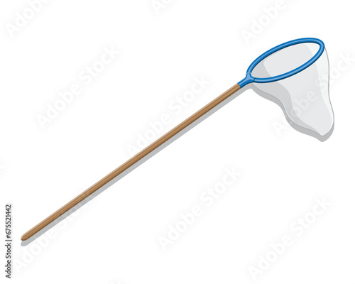 vector design of an insect and bird catcher shaped like a long stick made of brown wood and the tip is a blue circle with a net around it