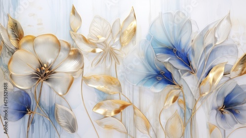  a painting of blue and gold flowers on a white and blue striped background with a gold leaf design on the left side of the image.  generative ai