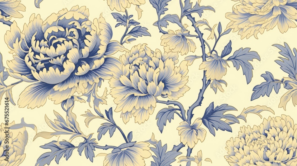 Fototapeta  a blue and yellow floral wallpaper with leaves and flowers on a white background with a blue and yellow color scheme.  generative ai