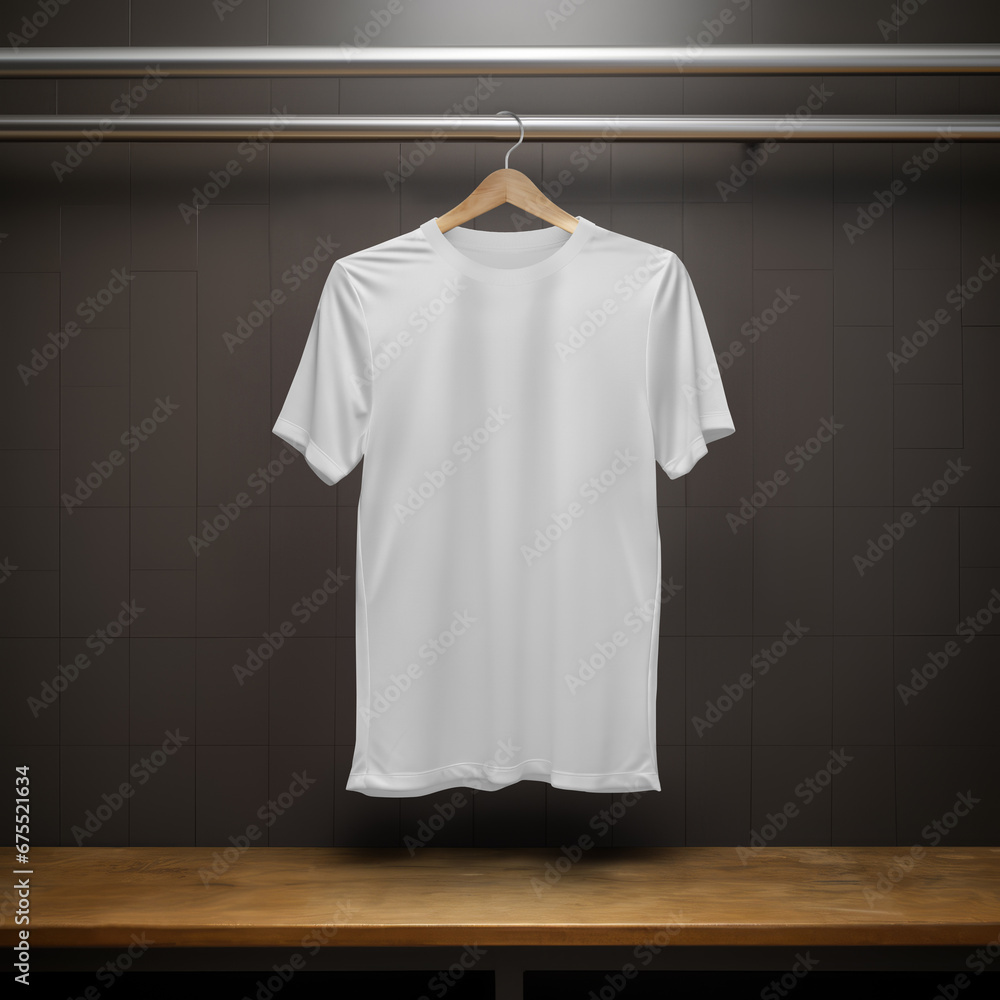 a white t-shirt on hanger in a background a white t-shirt on hanger in a background